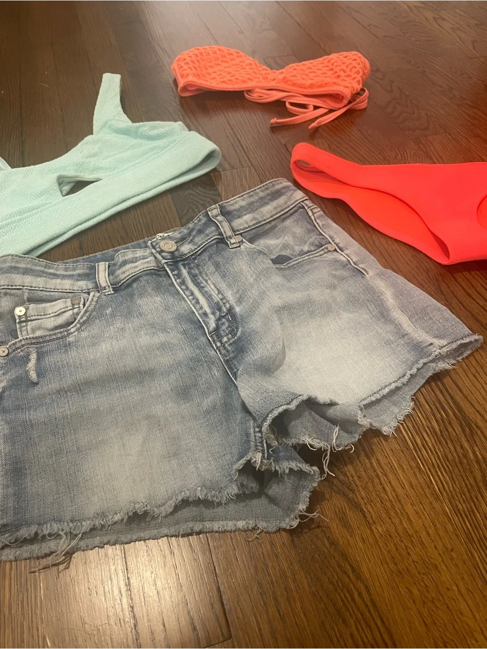triangl swimwear Mint & Neon Coral Bikini Set with Jean shorts